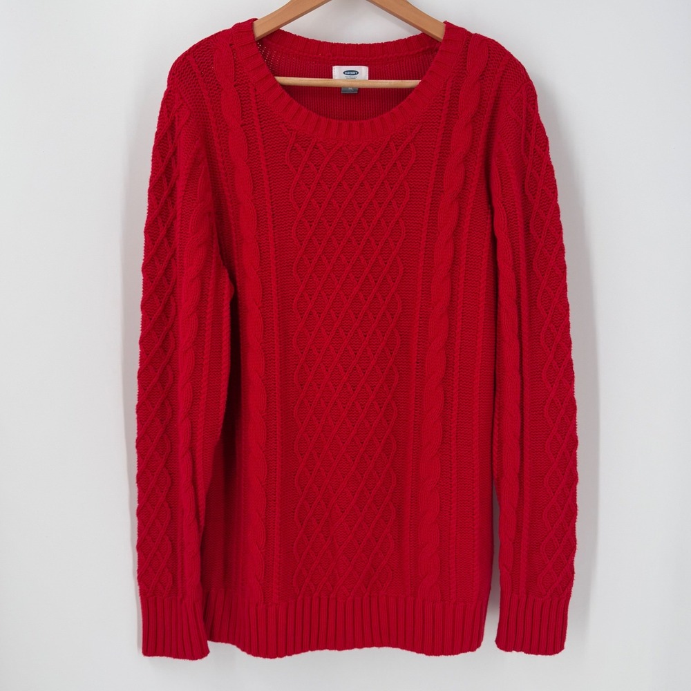 Old Navy Womens XL Red Cable Knit Crew Neck Long Sleeve Sweater Cotton Blend
